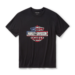Black crew-neck T-shirt featuring a Harley-Davidson shield logo in red, white, and blue on the chest.
