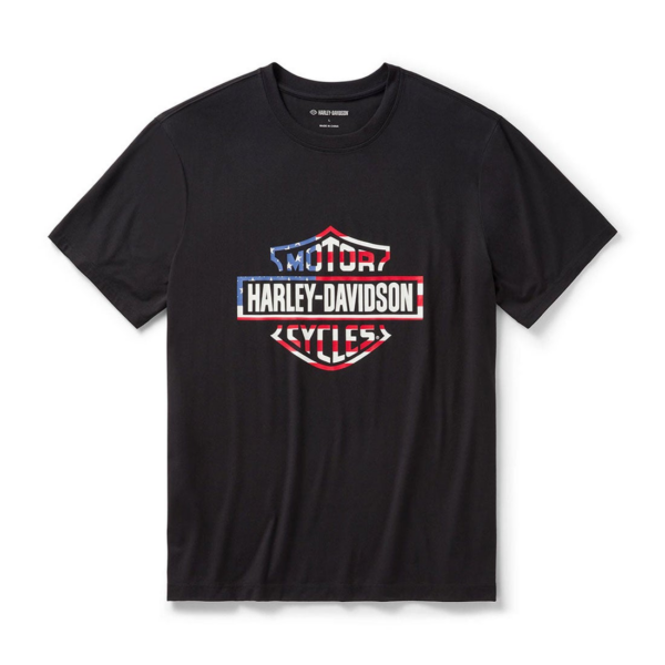 Black crew-neck T-shirt featuring a Harley-Davidson shield logo in red, white, and blue on the chest.