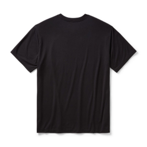 Back view of a plain black short-sleeve T-shirt laid flat on a white background.