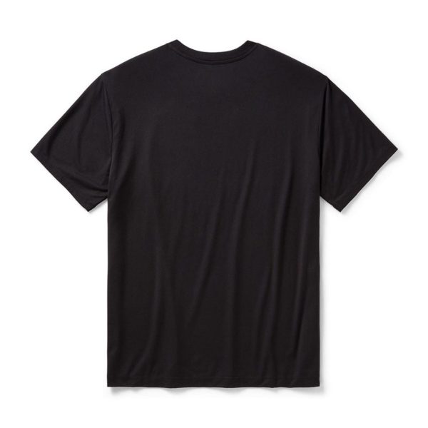Back view of a plain black short-sleeve T-shirt laid flat on a white background.