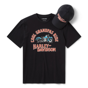 Black Harley-Davidson T-shirt with a blue motorcycle graphic and the text 'Cool Grandpas Ride'; paired with a matching black cap featuring the Harley-Davidson logo.