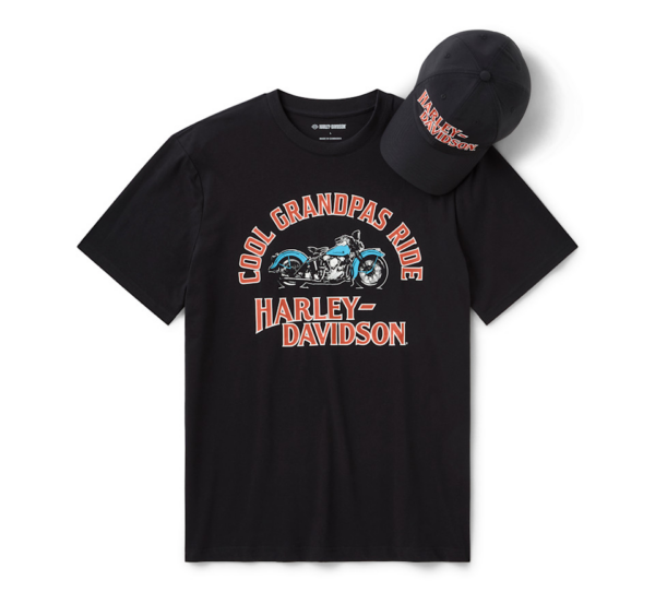 Black Harley-Davidson T-shirt with a blue motorcycle graphic and the text 'Cool Grandpas Ride'; paired with a matching black cap featuring the Harley-Davidson logo.