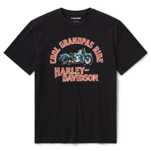 Black T-shirt with Harley‑Davidson graphic: curved 'Cool Grandpas Ride' above a blue motorcycle and 'Harley‑Davidson' below