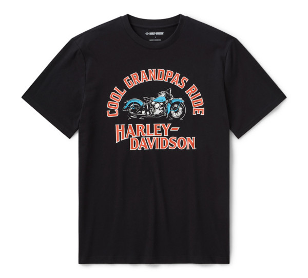 Black T-shirt with Harley‑Davidson graphic: curved 'Cool Grandpas Ride' above a blue motorcycle and 'Harley‑Davidson' below