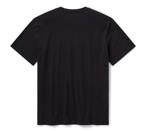 Back view of a plain black short-sleeve T-shirt laid flat on a white background.