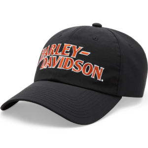 Black baseball cap with orange-and-white Harley‑Davidson embroidery on the front panel.