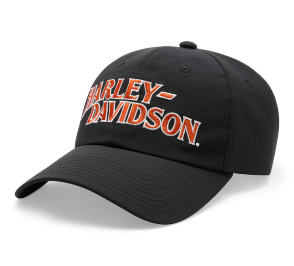 Black baseball cap with orange-and-white Harley‑Davidson embroidery on the front panel.