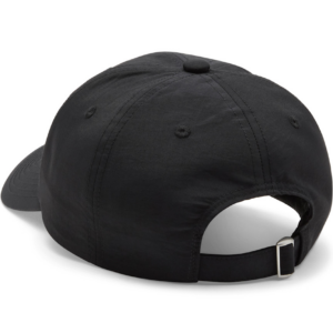 Back view of a black baseball cap with an adjustable strap and metal buckle