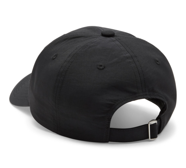 Back view of a black baseball cap with an adjustable strap and metal buckle