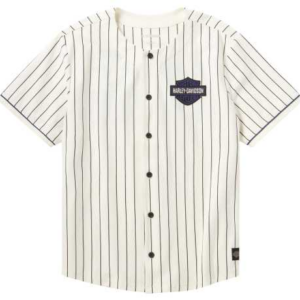 White pinstriped baseball jersey with black buttons and Harley-Davidson patch on the left chest.