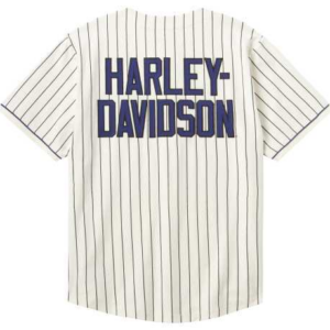 White pinstripe baseball jersey shown from the back with HARLEY-DAVIDSON in bold blue letters.