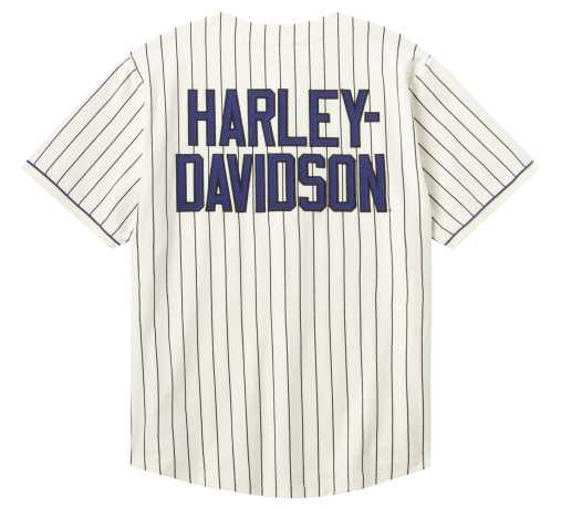 White pinstripe baseball jersey shown from the back with HARLEY-DAVIDSON in bold blue letters.