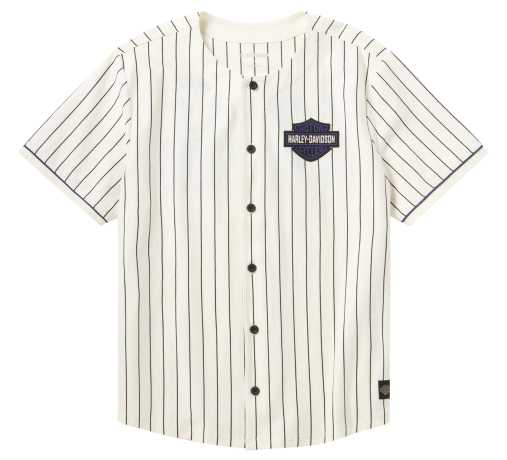 White pinstriped baseball jersey with black buttons and Harley-Davidson patch on the left chest.