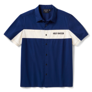 Harley-Davidson short-sleeve button-up shirt in blue with a white horizontal stripe across the chest and logo text on the stripe desaturated.