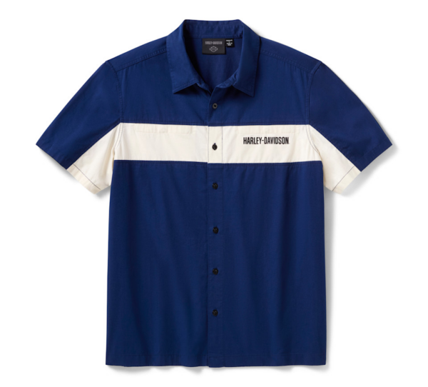 Harley-Davidson short-sleeve button-up shirt in blue with a white horizontal stripe across the chest and logo text on the stripe desaturated.