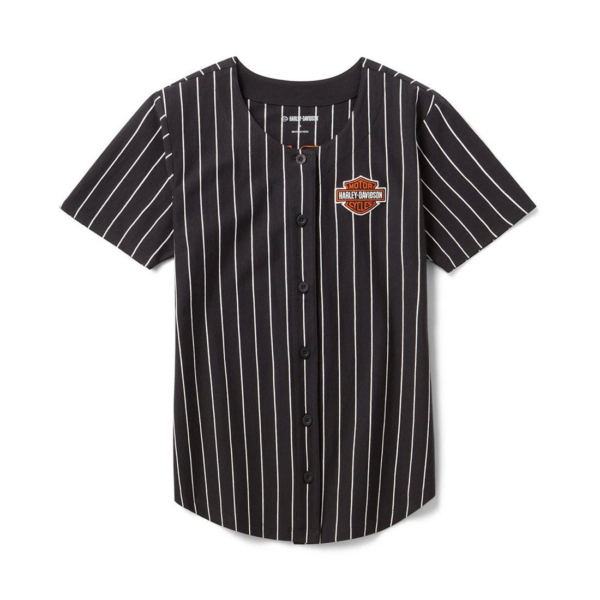 Black short-sleeve button-front shirt with white vertical pinstripes and a Harley-Davidson logo on the left chest.