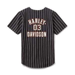 Black short-sleeve T-shirt with white vertical pinstripes and Harley-Davidson '03' lettering on the back