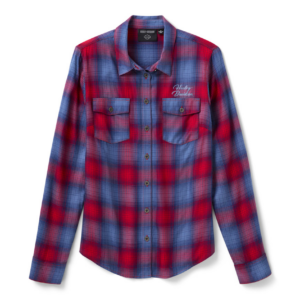 Red and blue plaid flannel shirt with two chest pockets and Harley-Davidson logo on the left chest.