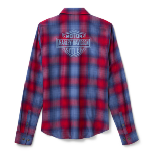 Back view of a red-and-blue plaid Harley-Davidson flannel shirt with the logo on the upper back.
