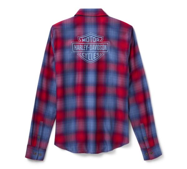 Back view of a red-and-blue plaid Harley-Davidson flannel shirt with the logo on the upper back.