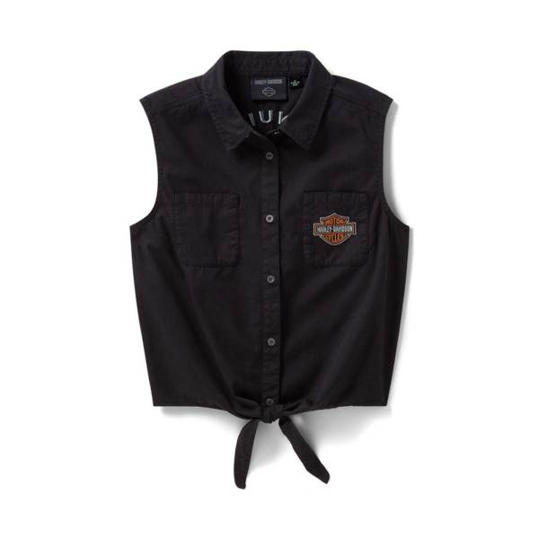 96277-26vw | Harley-davidson® Online Black sleeveless button-down shirt with two chest pockets, a Harley‑Davidson patch on the right pocket, and a tie-front hem.