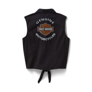 Black sleeveless vest viewed from the back with a Harley‑Davidson Genuine Motorcycles emblem in orange and white at center.
