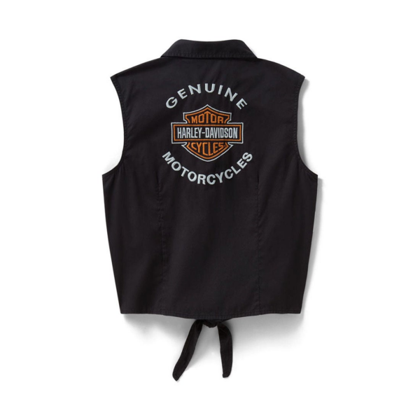 96277-26vw B | Harley-davidson® Online Black sleeveless vest viewed from the back with a Harley‑Davidson Genuine Motorcycles emblem in orange and white at center.