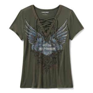 Women's Bling Dark Angel Short Sleeve Laced Front Tee - Grape Leaf