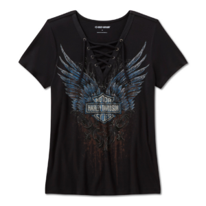 Women's Bling Laced Front Short Sleeve Shirt - Black