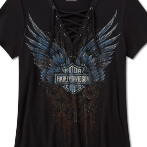 Women's Bling Laced Front Short Sleeve Shirt - Black - Image 3