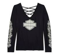 Bling Long Sleeve Laced Back V Neck Tee - Chrome & Roses