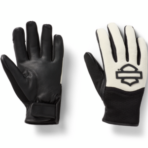 Pair of motorcycle riding gloves: black leather glove on the left and white fabric glove with a logo on the right