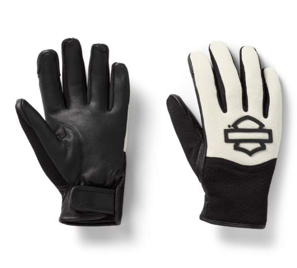97117-26vw | Harley-davidson® Online Pair of motorcycle riding gloves: black leather glove on the left and white fabric glove with a logo on the right