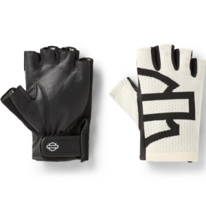 Fingerless cycling gloves: black leather glove on the left and white knit glove with black pattern on the right.