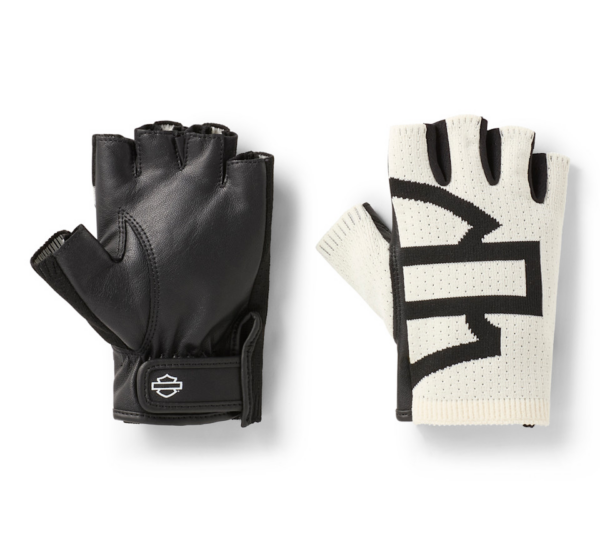 Fingerless cycling gloves: black leather glove on the left and white knit glove with black pattern on the right.
