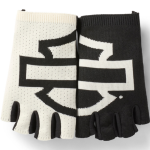 Pair of black and white fingerless knit gloves with a bold graphic pattern.