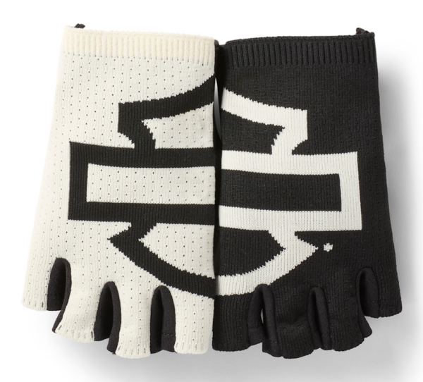 Pair of black and white fingerless knit gloves with a bold graphic pattern.