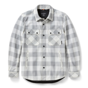 Gray and white plaid button-front jacket with two chest pockets and side pockets on a curved hem.