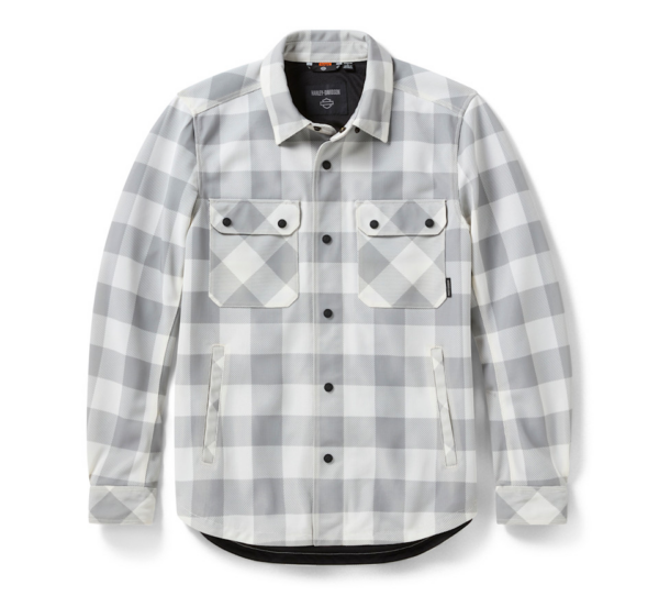 Gray and white plaid button-front jacket with two chest pockets and side pockets on a curved hem.