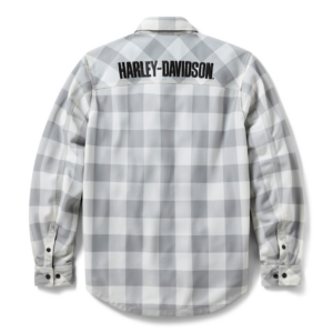 Back view of a gray and white plaid Harley-Davidson shirt with a bold Harley-Davidson logo across the upper back.