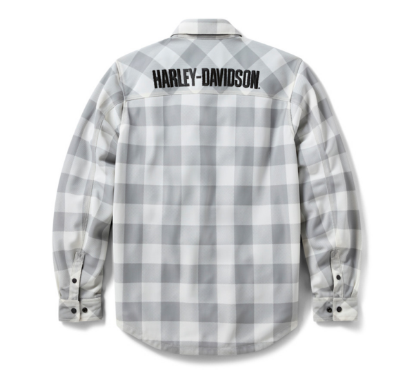 Back view of a gray and white plaid Harley-Davidson shirt with a bold Harley-Davidson logo across the upper back.