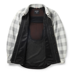 Gray and white plaid jacket opened to reveal black inner lining and chest pocket area