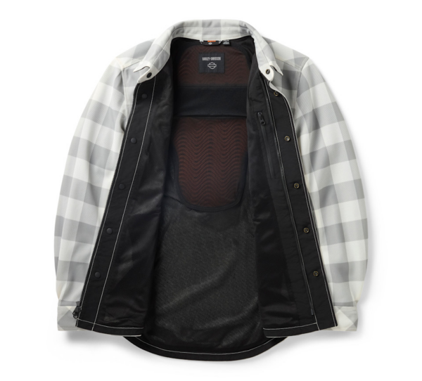 Gray and white plaid jacket opened to reveal black inner lining and chest pocket area