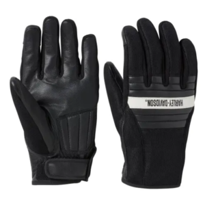 Black motorcycle gloves with knuckle padding and adjustable wrist strap, Harley-Davidson branding on the back of the right glove.