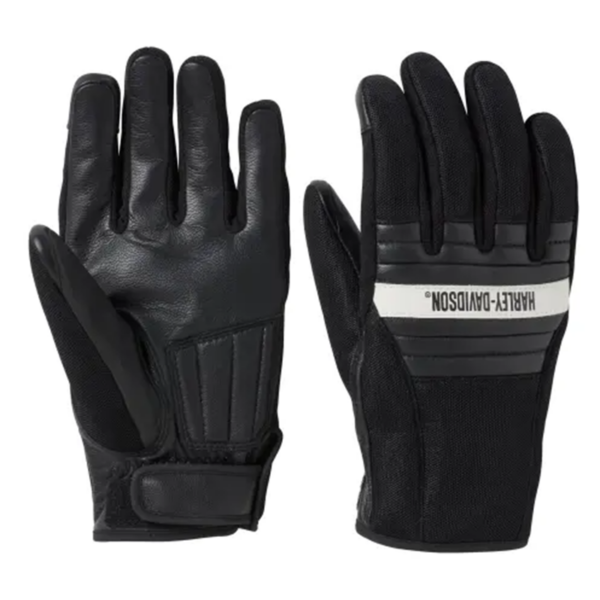 Black motorcycle gloves with knuckle padding and adjustable wrist strap, Harley-Davidson branding on the back of the right glove.