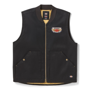 Black Dickies work vest with front zipper and two large patch pockets; logo patch on left chest.