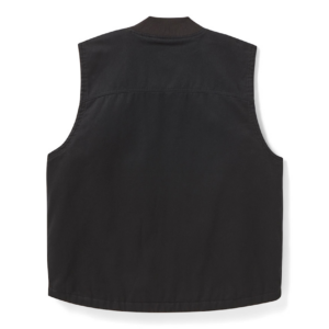 Back view of a black sleeveless vest with a ribbed collar.