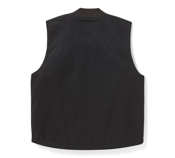 Back view of a black sleeveless vest with a ribbed collar.