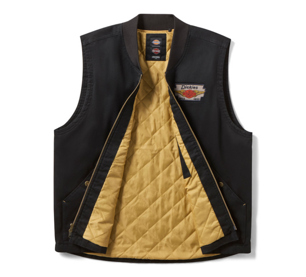 Black Dickies vest unzipped to show tan quilted interior and left-chest logo patch, front pockets visible.
