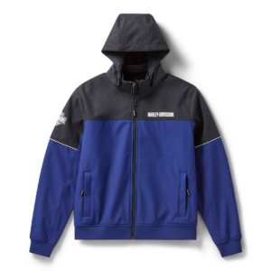 Blue and black Harley-Davidson hooded jacket with front zipper and side pockets, logo on chest and patch on left sleeve